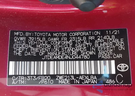 2022 Toyota Corolla Hybrid Le z USA, uszkodzony, nr VIN JTDEAMDE4NJ044780